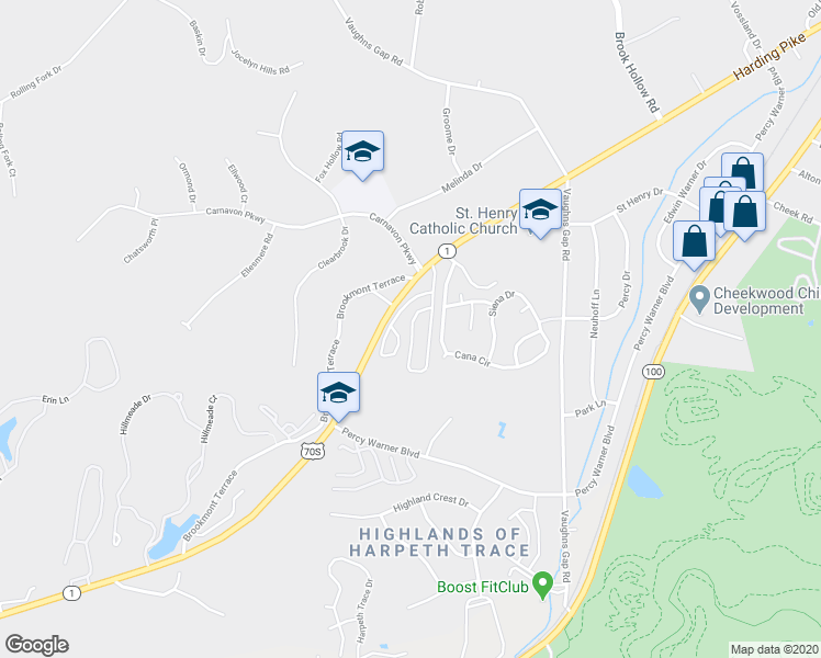 map of restaurants, bars, coffee shops, grocery stores, and more near 6506 Highway 70 South in Nashville