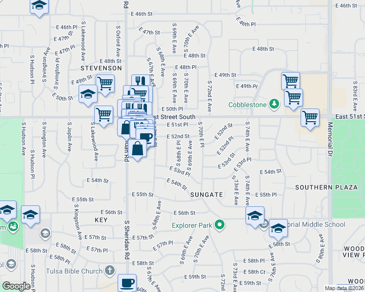 map of restaurants, bars, coffee shops, grocery stores, and more near 6834 East 52nd Street in Tulsa