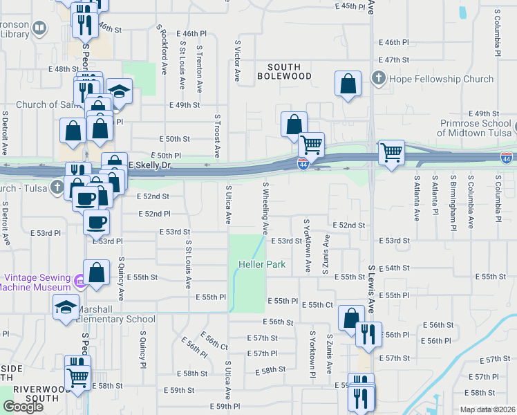 map of restaurants, bars, coffee shops, grocery stores, and more near 5140 South Wheeling Avenue in Tulsa