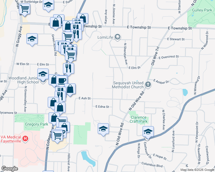 map of restaurants, bars, coffee shops, grocery stores, and more near 721 Winbaugh Lane in Fayetteville