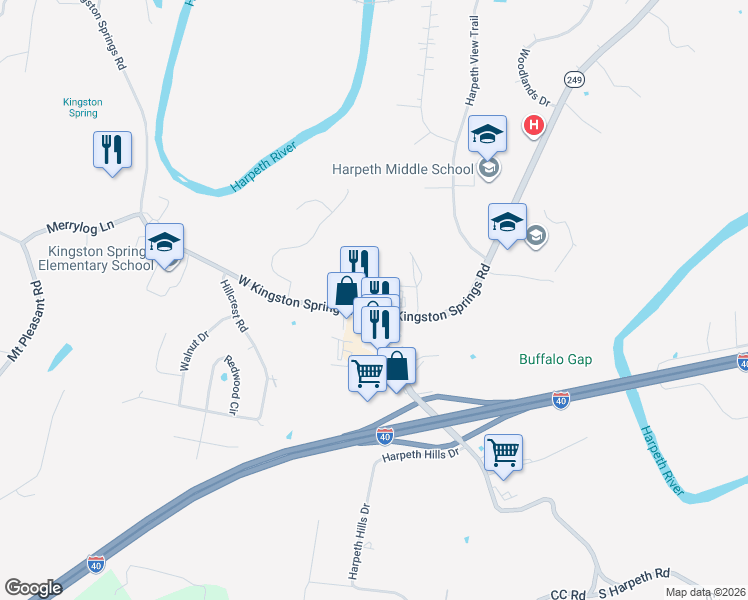 map of restaurants, bars, coffee shops, grocery stores, and more near 101 West Kingston Springs Road in Kingston Springs