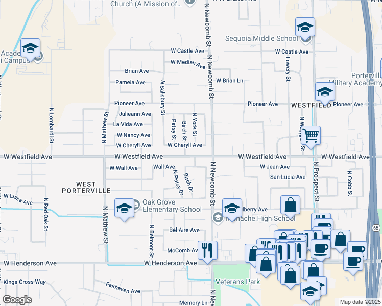 map of restaurants, bars, coffee shops, grocery stores, and more near 1670 West Westfield Avenue in Porterville