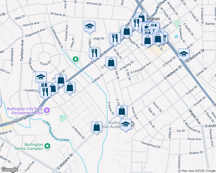 map of restaurants, bars, coffee shops, grocery stores, and more near 927 South Lexington Avenue in Burlington