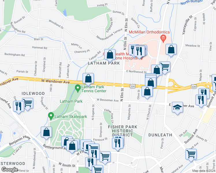 map of restaurants, bars, coffee shops, grocery stores, and more near 1124 Virginia Street in Greensboro