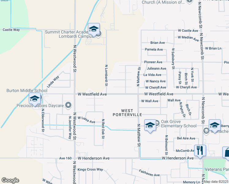 map of restaurants, bars, coffee shops, grocery stores, and more near 2134 West Westfield Avenue in Porterville