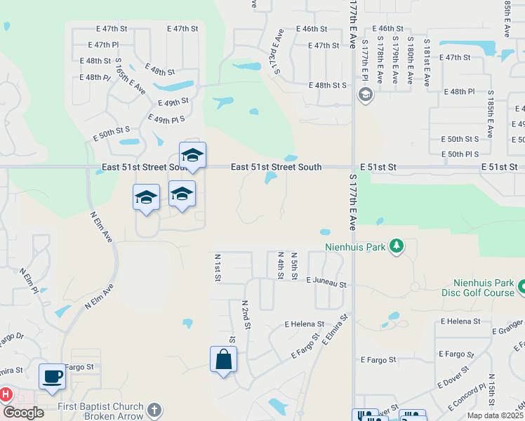 map of restaurants, bars, coffee shops, grocery stores, and more near 17110 East 51st Street South in Broken Arrow