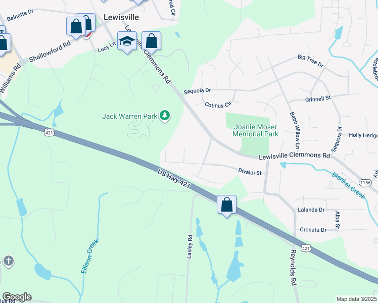 map of restaurants, bars, coffee shops, grocery stores, and more near Dewberry Road in Lewisville