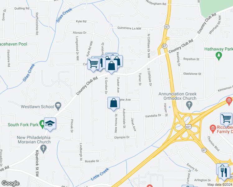 map of restaurants, bars, coffee shops, grocery stores, and more near 132 Tucker Avenue in Winston-Salem