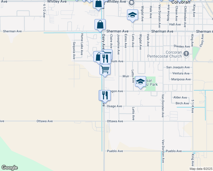map of restaurants, bars, coffee shops, grocery stores, and more near 1931 Dairy Avenue in Corcoran