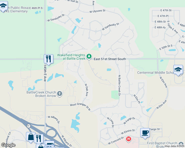 map of restaurants, bars, coffee shops, grocery stores, and more near 3609 North Narcissus Avenue in Broken Arrow