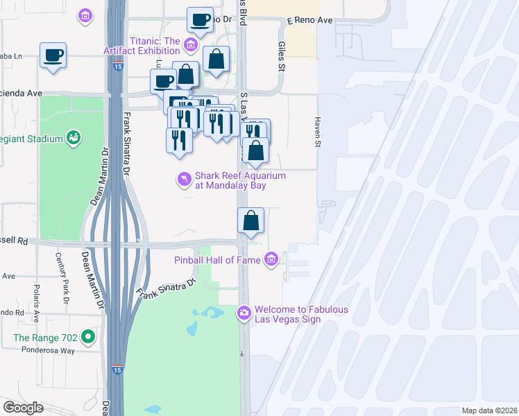 map of restaurants, bars, coffee shops, grocery stores, and more near East Dewey Drive in Las Vegas