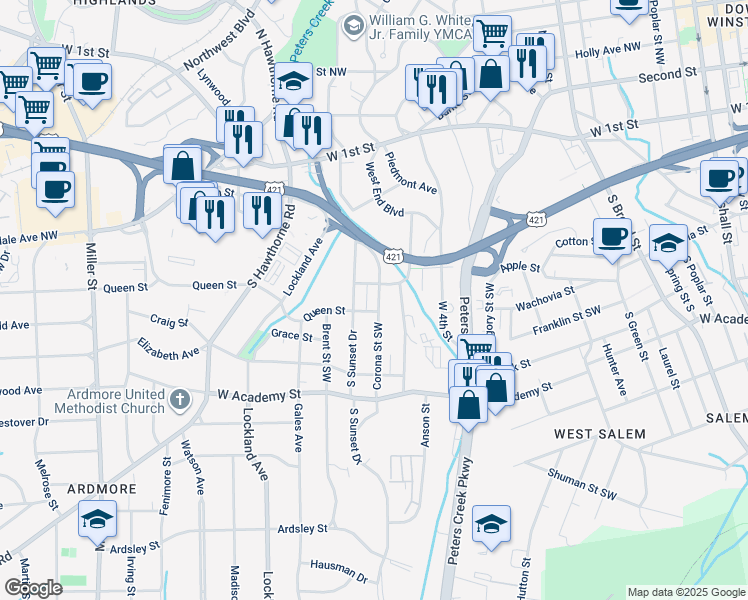 map of restaurants, bars, coffee shops, grocery stores, and more near 314 Corona Street Southwest in Winston-Salem