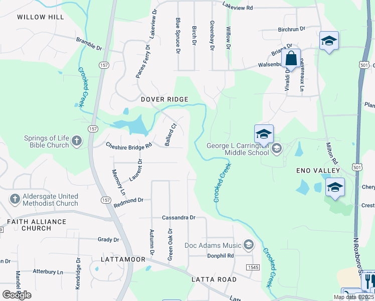 map of restaurants, bars, coffee shops, grocery stores, and more near 27 Garden Hills Court in Durham