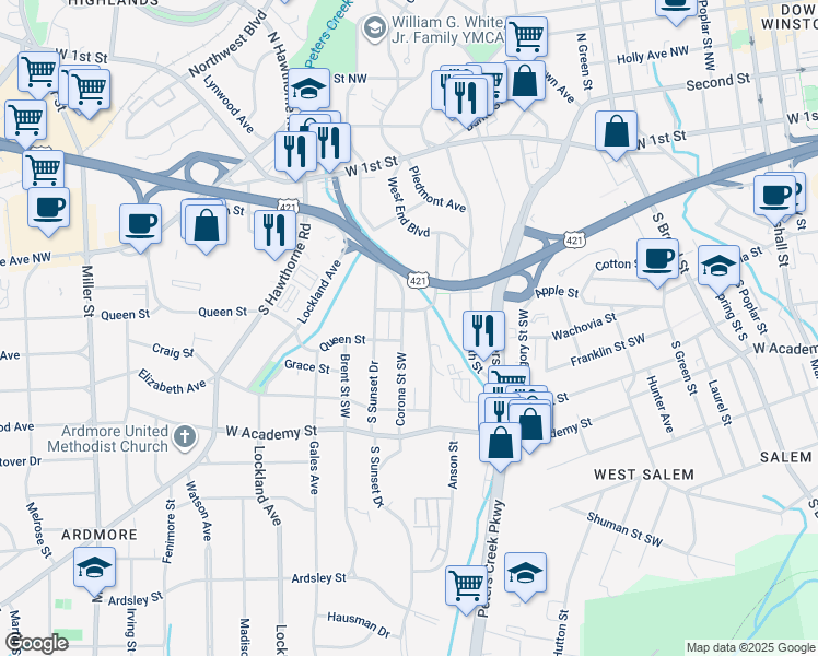 map of restaurants, bars, coffee shops, grocery stores, and more near 315 Corona Street in Winston Salem