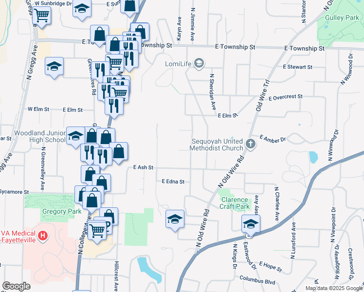 map of restaurants, bars, coffee shops, grocery stores, and more near 721 Winbaugh Lane in Fayetteville