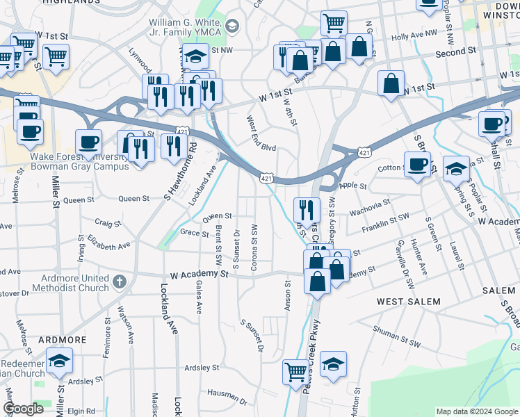 map of restaurants, bars, coffee shops, grocery stores, and more near 315 Corona Street in Winston Salem