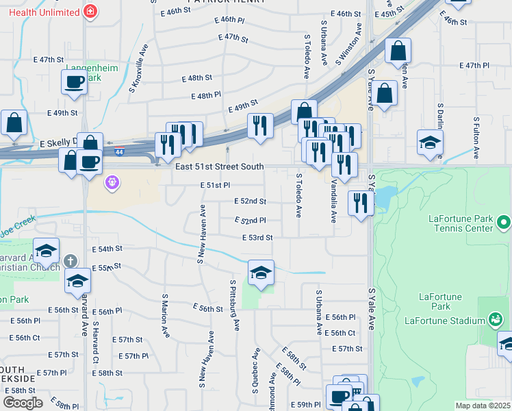 map of restaurants, bars, coffee shops, grocery stores, and more near 4140 East 51st Place in Tulsa