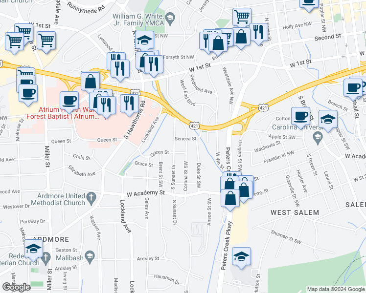 map of restaurants, bars, coffee shops, grocery stores, and more near 314 Corona Street Southwest in Winston-Salem