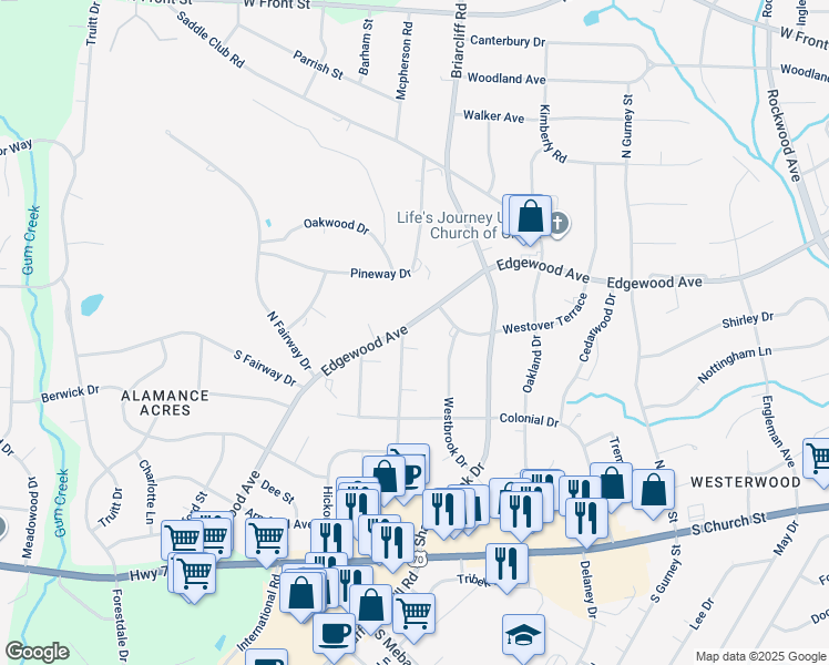 map of restaurants, bars, coffee shops, grocery stores, and more near 2418 Edgewood Avenue in Burlington