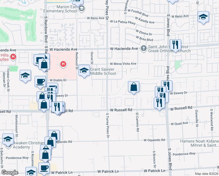 map of restaurants, bars, coffee shops, grocery stores, and more near 5551 Kildare Court in Las Vegas