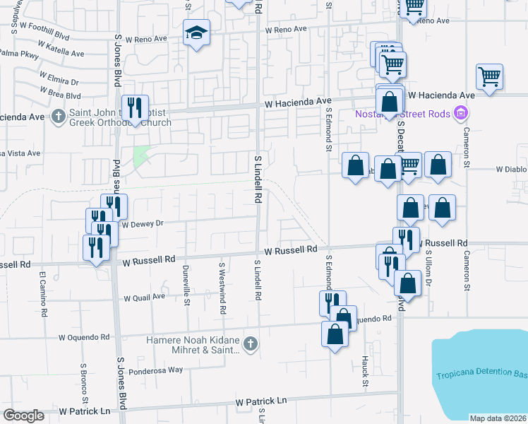 map of restaurants, bars, coffee shops, grocery stores, and more near 5516 Madigan Court in Las Vegas