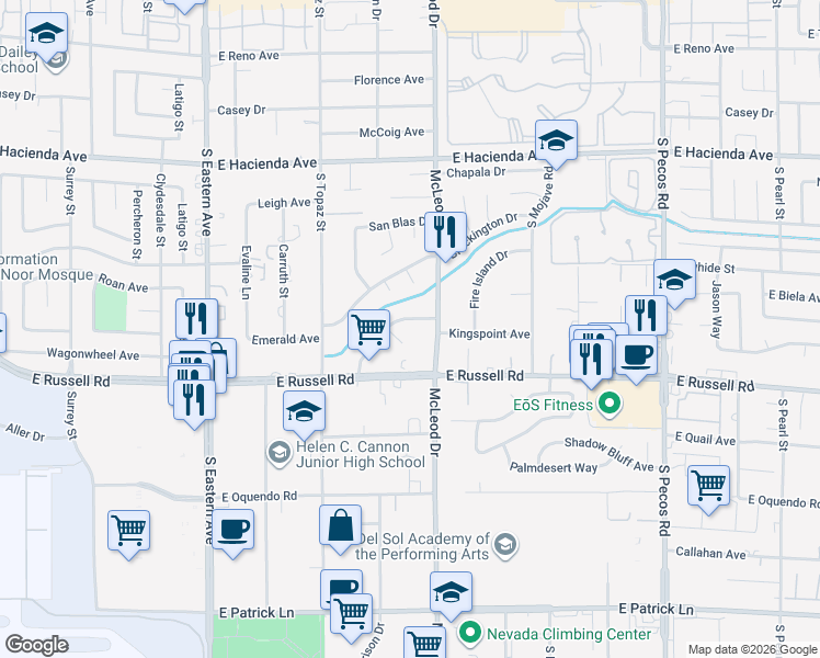 map of restaurants, bars, coffee shops, grocery stores, and more near 2885 Horseshoe Drive in Las Vegas