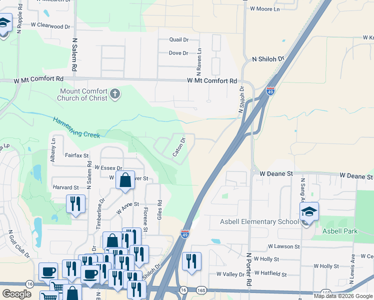 map of restaurants, bars, coffee shops, grocery stores, and more near 1960 Caton Drive in Fayetteville