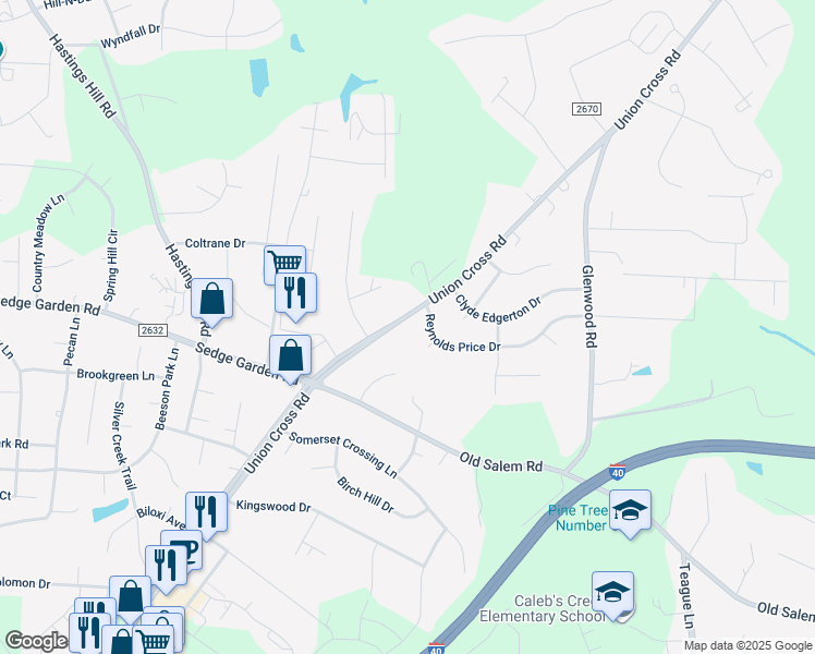 map of restaurants, bars, coffee shops, grocery stores, and more near 1371 Union Cross Road in Kernersville