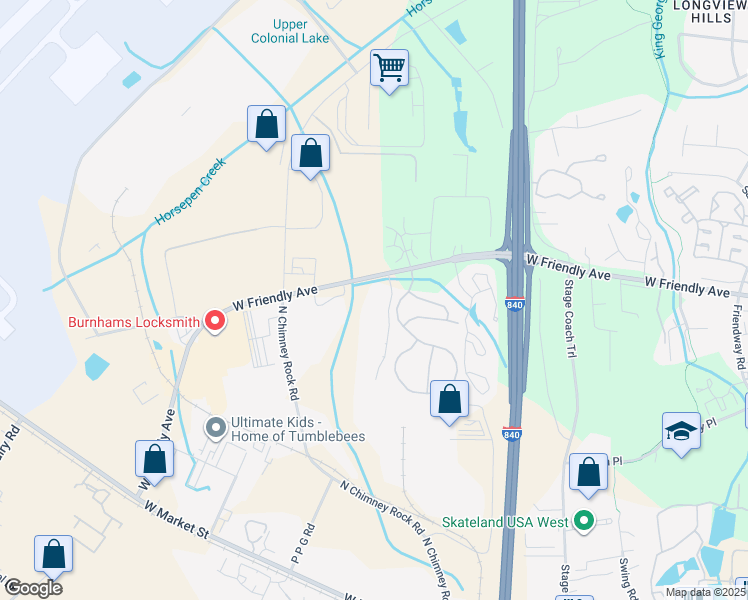 map of restaurants, bars, coffee shops, grocery stores, and more near 7121 West Friendly Avenue in Greensboro