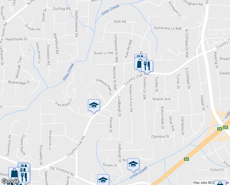 map of restaurants, bars, coffee shops, grocery stores, and more near 103 Monroe Street Northwest in Winston-Salem
