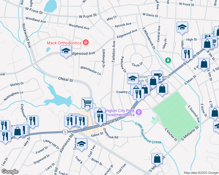 map of restaurants, bars, coffee shops, grocery stores, and more near 410 Tarleton Avenue in Burlington