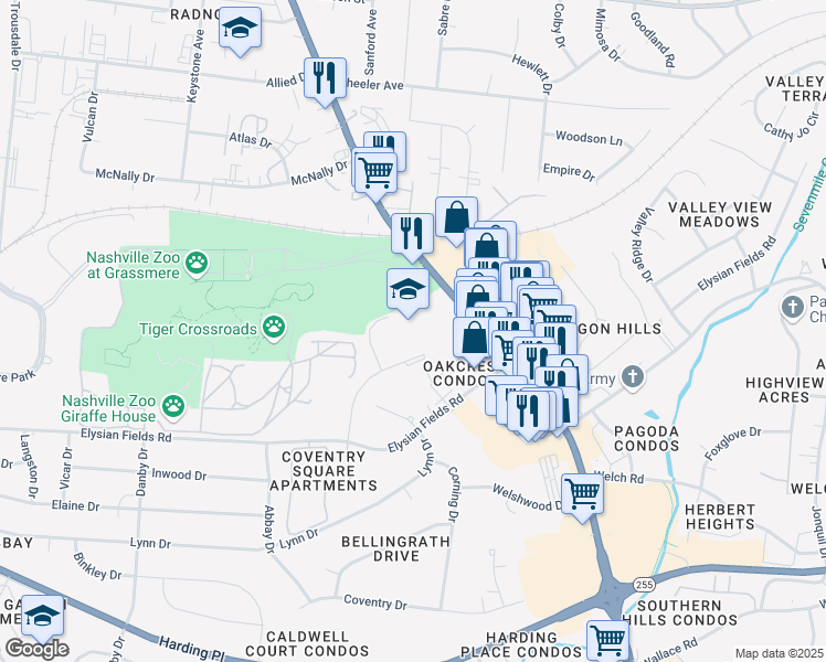 map of restaurants, bars, coffee shops, grocery stores, and more near 482 Elysian Fields Road in Nashville