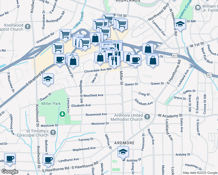 map of restaurants, bars, coffee shops, grocery stores, and more near 2237 Queen Street in Winston-Salem