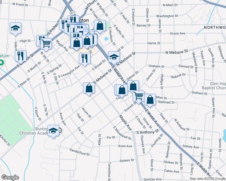 map of restaurants, bars, coffee shops, grocery stores, and more near 611 East Davis Street in Burlington