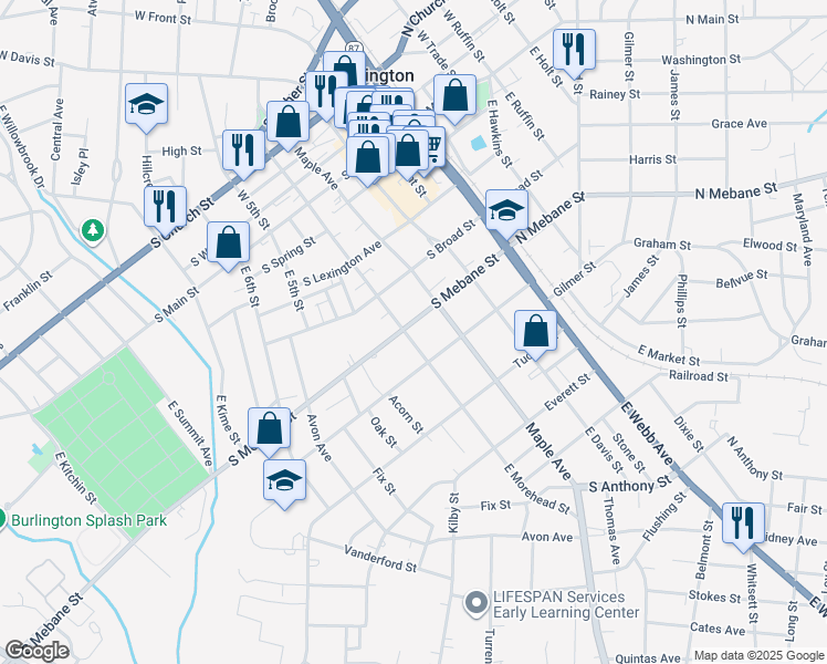 map of restaurants, bars, coffee shops, grocery stores, and more near 509 South Mebane Street in Burlington