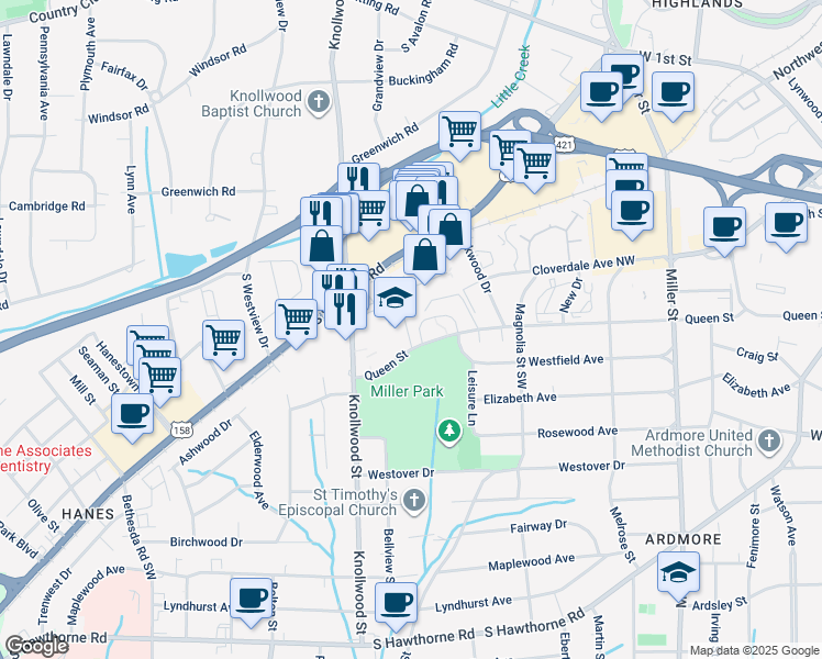 map of restaurants, bars, coffee shops, grocery stores, and more near 2527 Miller Park Circle in Winston-Salem