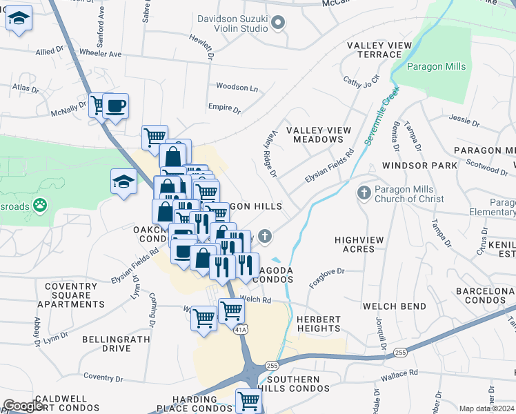 map of restaurants, bars, coffee shops, grocery stores, and more near 500 Paragon Mills Road in Nashville