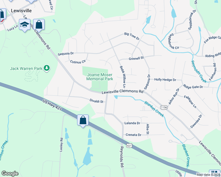 map of restaurants, bars, coffee shops, grocery stores, and more near 675 Lewisville Clemmons Road in Lewisville