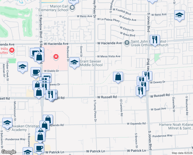 map of restaurants, bars, coffee shops, grocery stores, and more near 5551 Kildare Court in Las Vegas