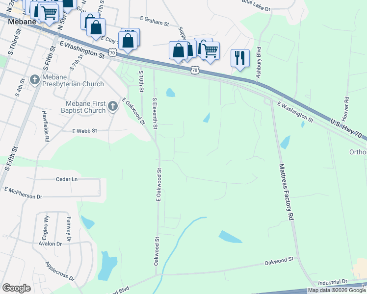 map of restaurants, bars, coffee shops, grocery stores, and more near 70 Oakwood Street Extention in Mebane