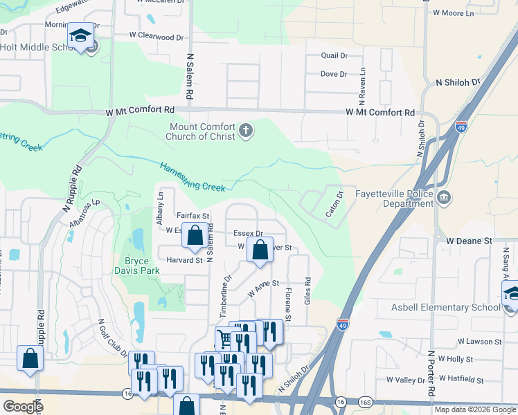 map of restaurants, bars, coffee shops, grocery stores, and more near 3176 Parkway Drive in Fayetteville