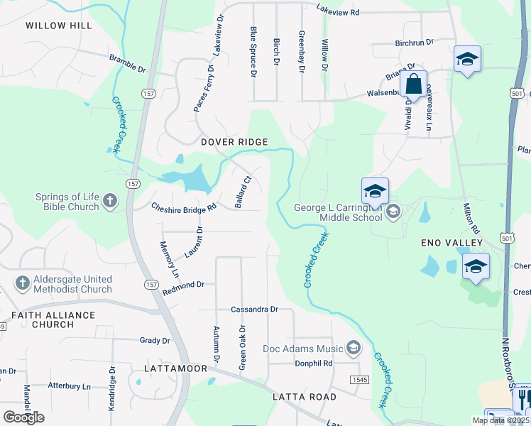 map of restaurants, bars, coffee shops, grocery stores, and more near 27 Garden Hills Court in Durham