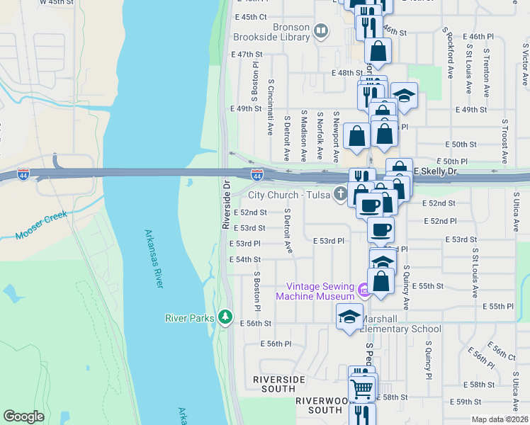 map of restaurants, bars, coffee shops, grocery stores, and more near 60 East 51st Place in Tulsa