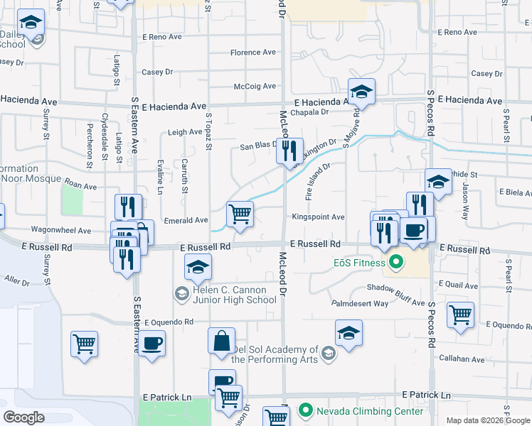 map of restaurants, bars, coffee shops, grocery stores, and more near 2885 Horseshoe Drive in Las Vegas
