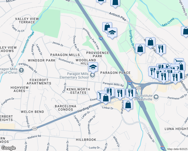 map of restaurants, bars, coffee shops, grocery stores, and more near 260 Paragon Mills Road in Nashville