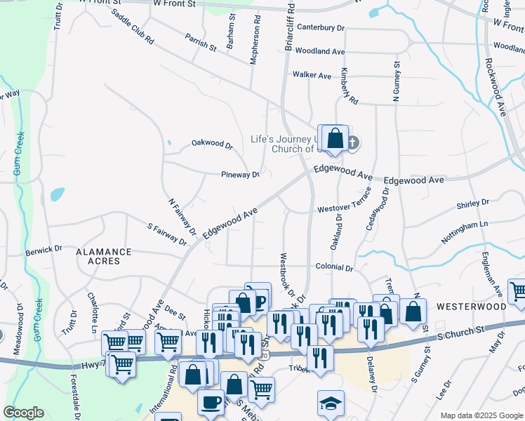 map of restaurants, bars, coffee shops, grocery stores, and more near 2418 Edgewood Avenue in Burlington