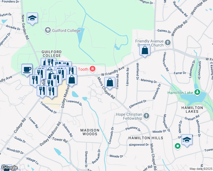 map of restaurants, bars, coffee shops, grocery stores, and more near 718 Muirs Chapel Road in Greensboro