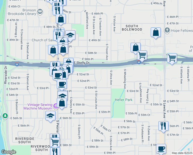 map of restaurants, bars, coffee shops, grocery stores, and more near 5132 South Saint Louis Avenue in Tulsa