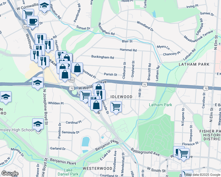 map of restaurants, bars, coffee shops, grocery stores, and more near 1206 Idlewood Court in Greensboro