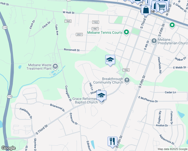 map of restaurants, bars, coffee shops, grocery stores, and more near 409 Stonewall Drive in Mebane
